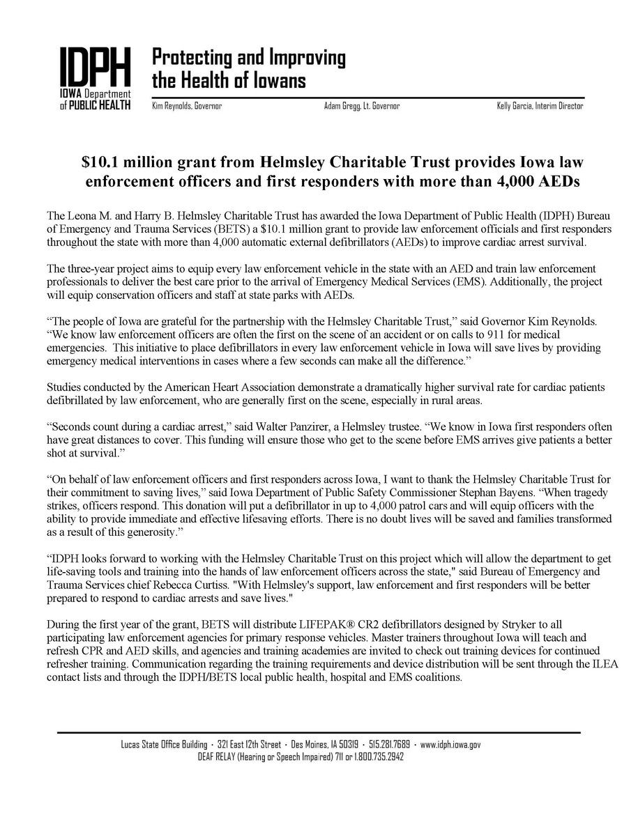 State And Local Law Enforcement To Receive AEDs From New Grant Iowa